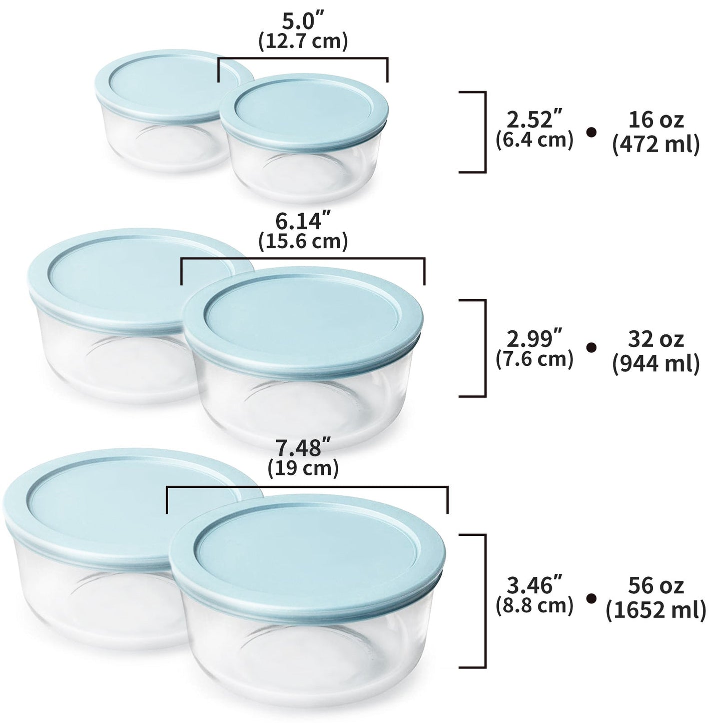 Glass Storage Containers with Lids, Set of 6 Round Glass Food Storage Containers