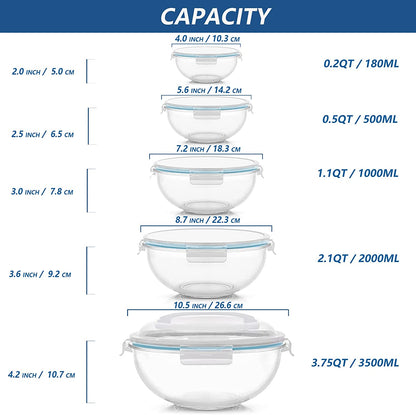 Glass Mixing Bowl with Lids Set of 5(0.2QT, 0.5QT, 1.1QT, 2.1QT, 3.75 QT)