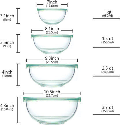 Glass Mixing Bowl with Airtight Lids, (1QT, 1.5QT, 2.5QT, 3.7QT)