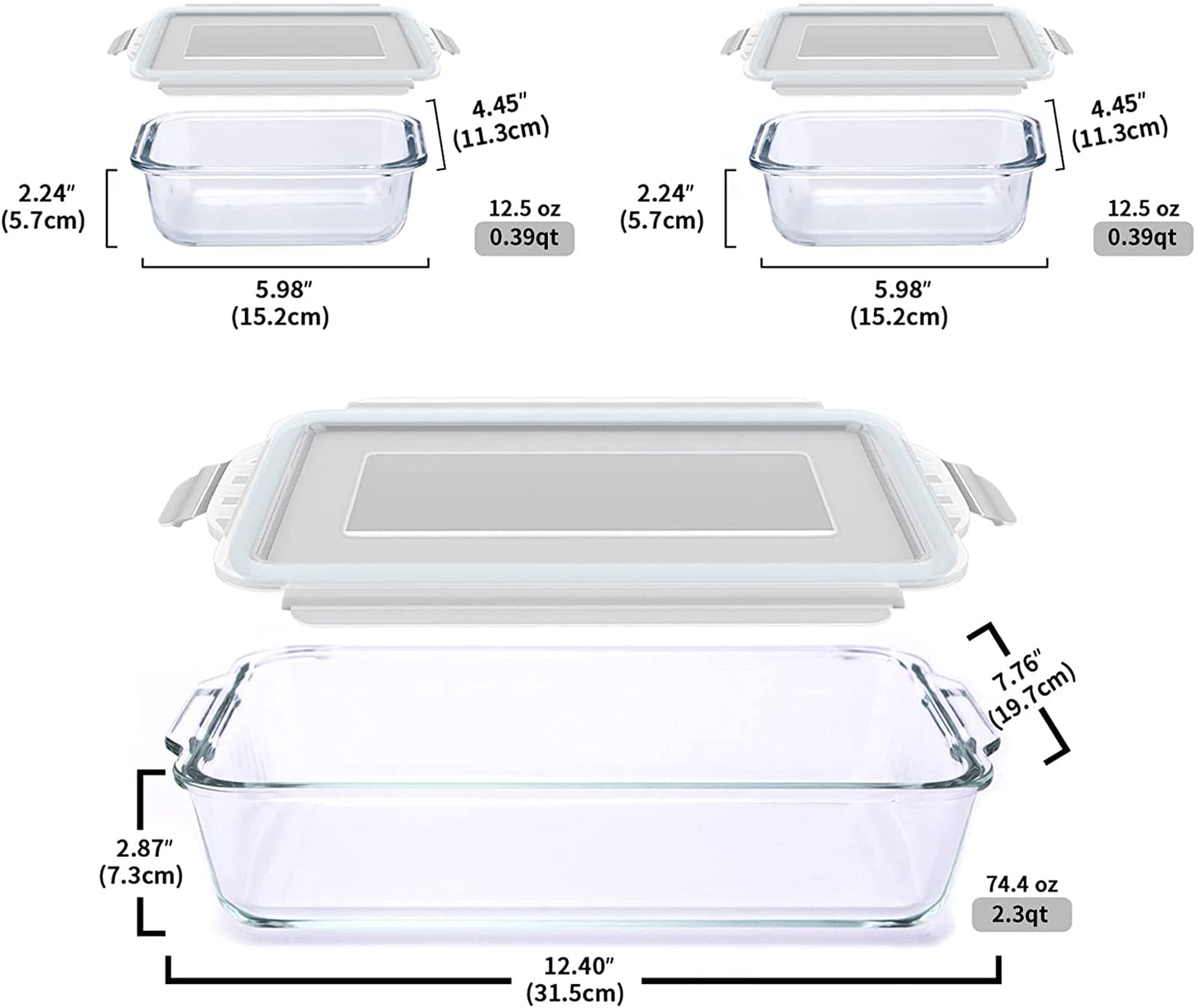 Glass Casserole Dish,2.3 qt Rectangular Baking Dish and 2 Pack Food Storage Container with Airtight Lid