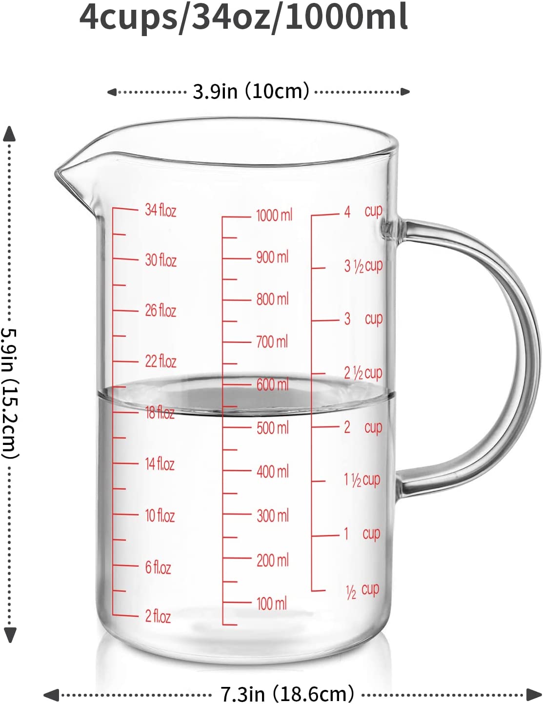 34oz/4 Cups Glass Measuring Cup, Easy to Read with 3 Measurement Scales (Ml/Oz/Cup)