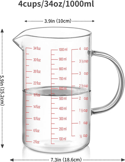 34oz/4 Cups Glass Measuring Cup, Easy to Read with 3 Measurement Scales (Ml/Oz/Cup)