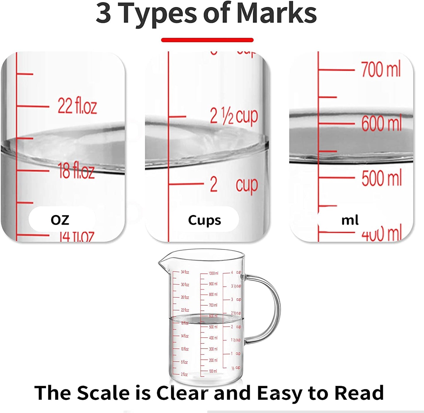 34oz/4 Cups Glass Measuring Cup, Easy to Read with 3 Measurement Scales (Ml/Oz/Cup)